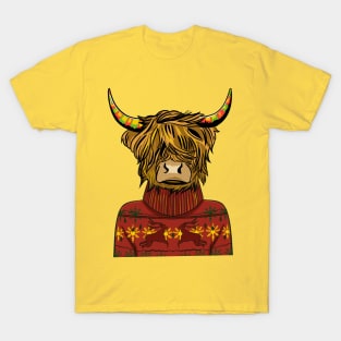 Scottish Highland Cow Wearing A Red Sweatshirt T-Shirt